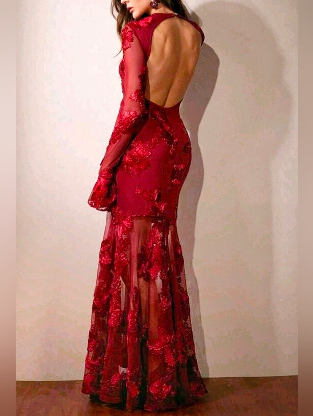 New Luxe Embroidered Sheer Floral Mesh Bodycon Mermaid Dress Red - Picture 7 of 15